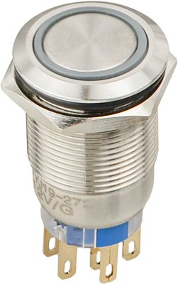 TYJ 19-272 Кнопка металлическая плоская с подсветкой, 2NO+2NC, зеленая 12V A0140010254 фото